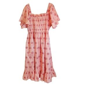 Pink City Prints Smocked Midi Dress Orange Striped Palm Tree Flutter Sleeve M